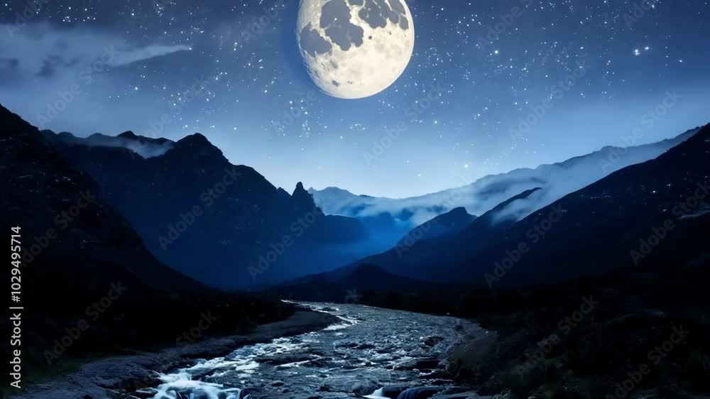 Poster mountain river flows gently over smooth rocks under the full moon, surrounded by misty mountains and