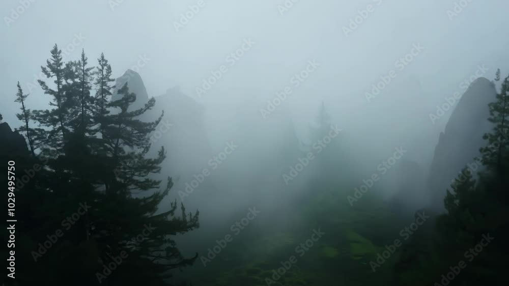Poster silhouettes of evergreen trees are emerging from a thick fog, creating a mysterious and moody atmosp