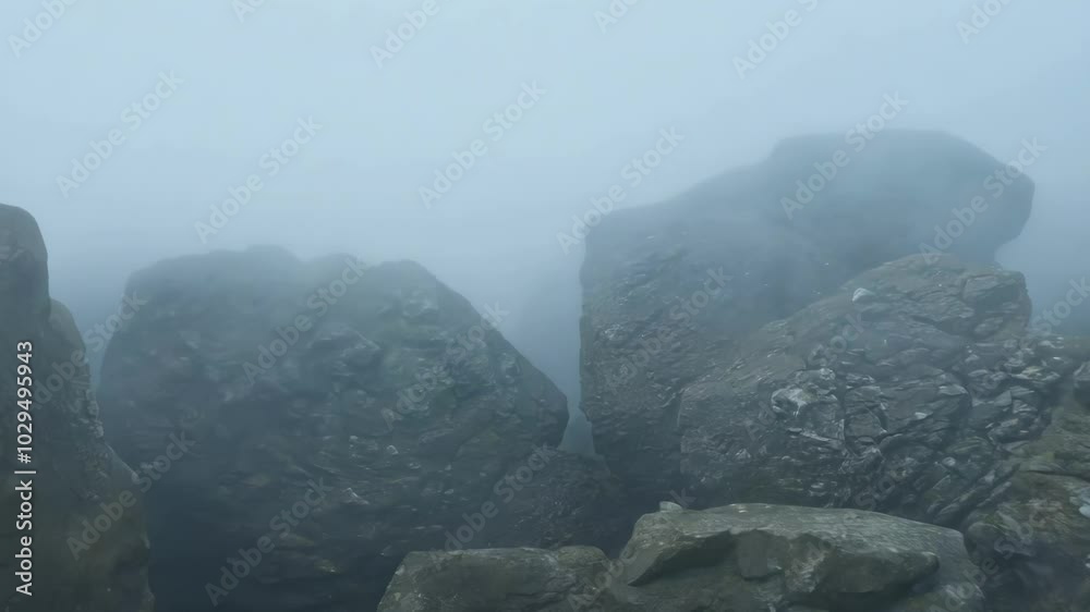 Aufkleber Misty fog envelops rugged landscape, creating eerie atmosphere with dramatic rocks and gray clouds. High cliffs disappear into isolation, perfect for spooky views