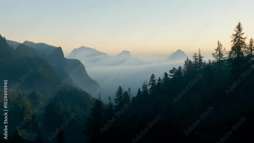 Aufkleber the sun is rising over a mountain valley filled with low clouds and hazy light, creating a mysteriou