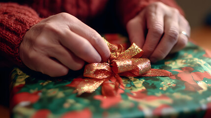 A close-up of hands wrapping a gift in festive paper with ribbons and bows preparing for Christmas Eve celebrations.