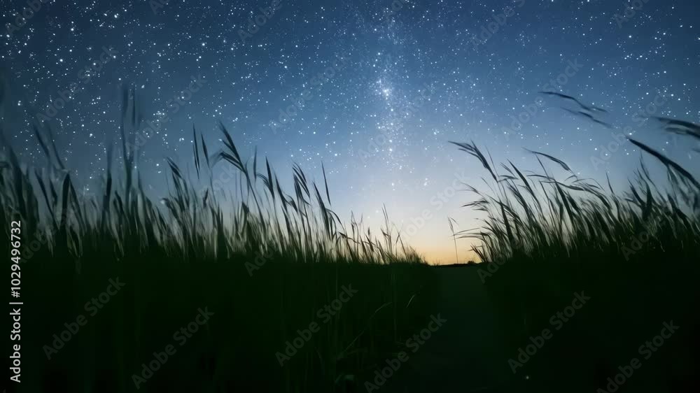 Aufkleber Wind blowing through tall grass at night with a starry sky and the milky way in the background. This serene scene evokes tranquility and peace