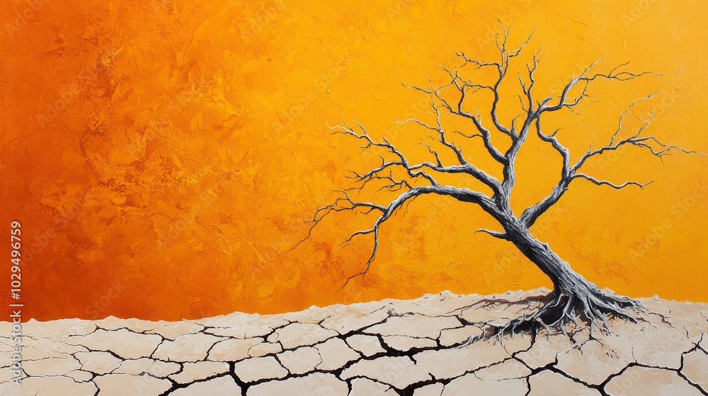 Wall mural a desolate landscape features a single, dry tree against a vibrant orange sky, symbolizing drought a