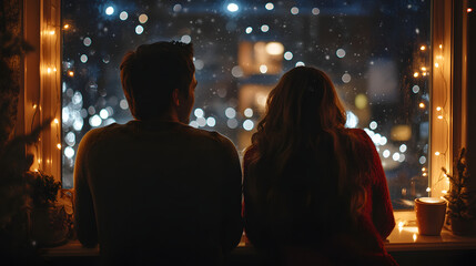 Fototapeta premium A couple sitting by the window on Christmas Eve sipping hot cocoa and watching the snow fall with Christmas lights glowing in the room.