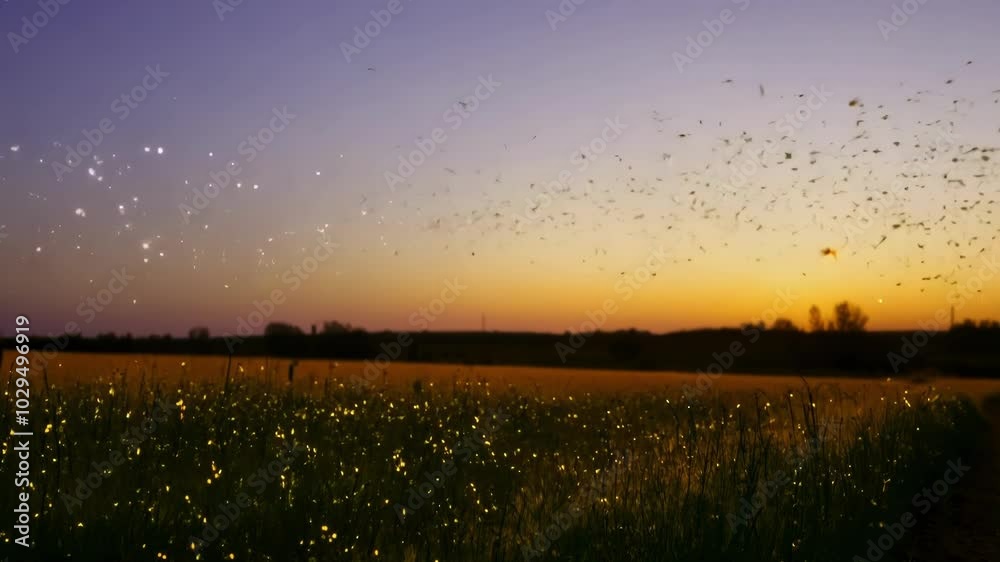 Poster fireflies glow in the field at sunset, lighting up the darkening landscape with magic on a summer ni