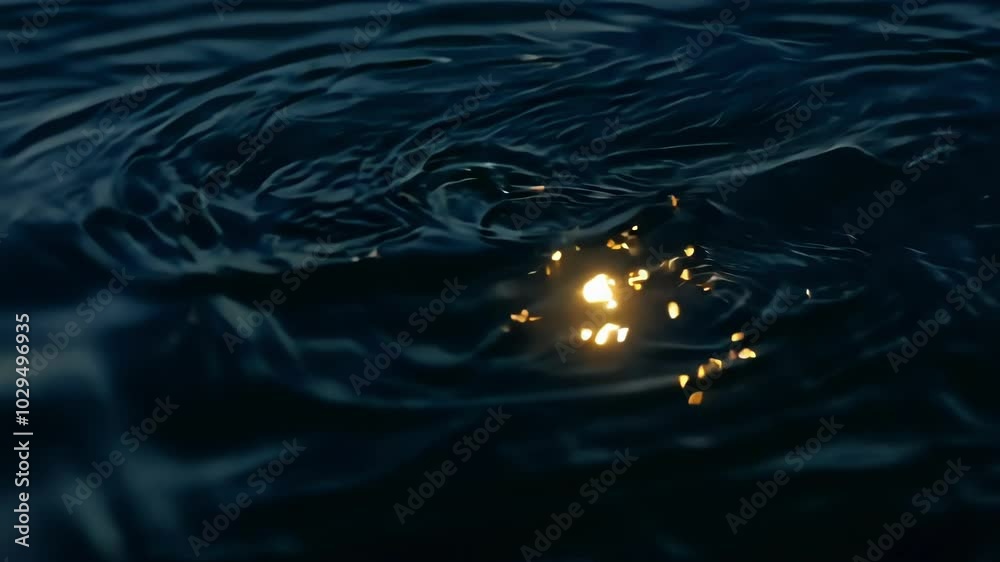 Poster the golden evening sun reflects on dark blue water, creating a shimmering abstract pattern. peaceful