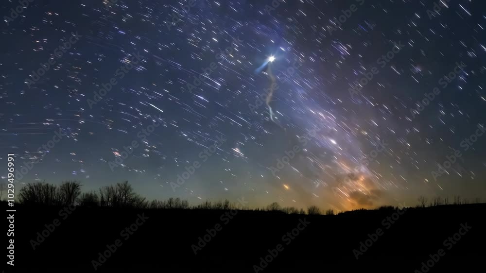 Poster Rocket launches into space, leaving a bright trail in the sky as stars twinkle above a serene field at twilight, capturing the essence of adventure and wonder in space exploration