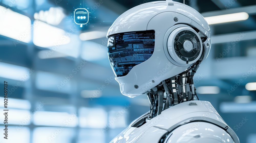 Poster a futuristic robot with a sleek design and digital interface, representing advanced artificial intel