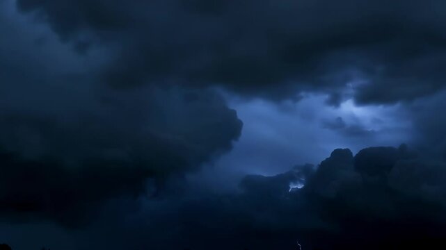 Lightning is flashing behind dark clouds creating an eerie glow over a dark landscape. The sky is filled with dark, ominous clouds, illuminated by flashes of lightning