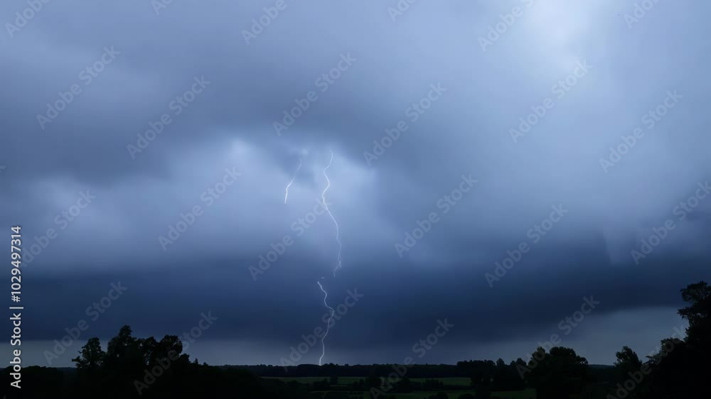 Poster powerful lightning bolt illuminates storm clouds over a rural landscape, creating a dramatic scene i