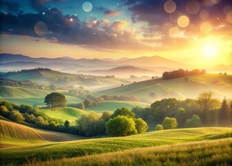 Naklejka premium Morning Hills with Bokeh Effect - Scenic Landscape Photography for Nature Lovers