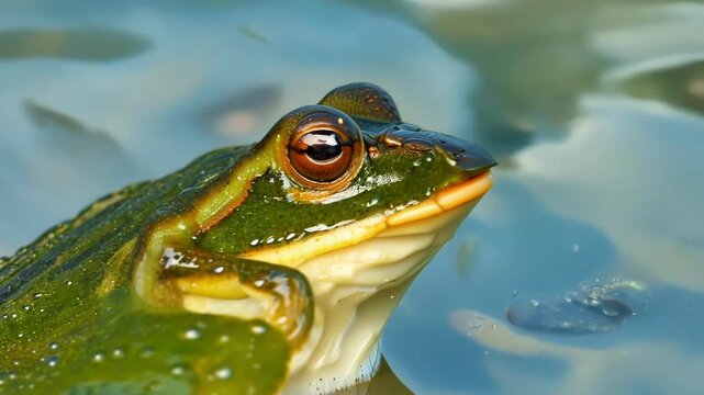 Curious green frog emerges from the water, its large, golden eyes reflecting the surrounding environment. Its smooth, moist skin glistens in the sunlight