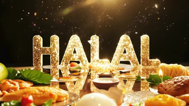The word "HALAL" appears in gold letters on the table with delicious dishes.