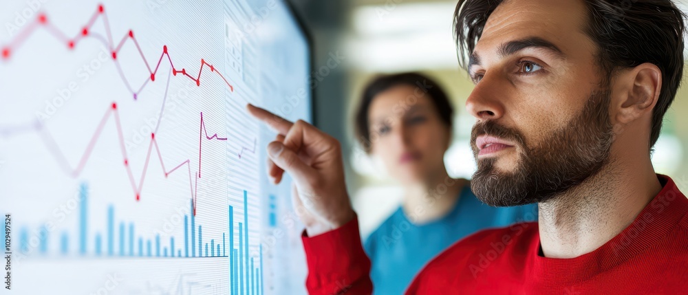 Poster a man analyzing data on a touchscreen monitor, showcasing dynamic graphs and statistics in a modern 