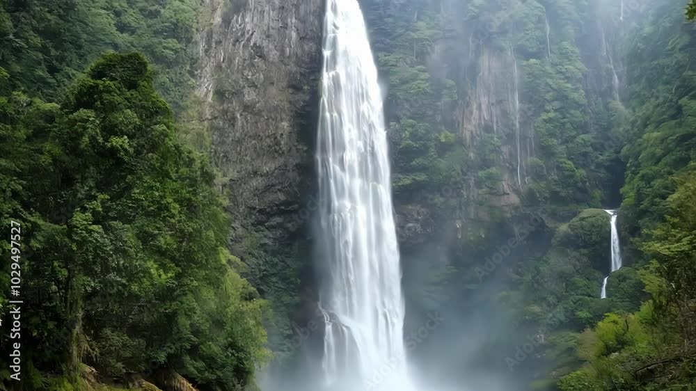 Poster powerful waterfall is cascading down a steep cliff covered with lush green vegetation in a tropical 