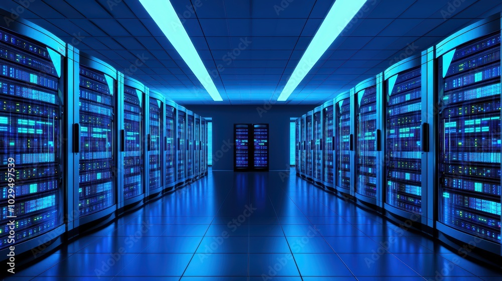 Poster a modern data center with rows of illuminated server racks in a high-tech environment.