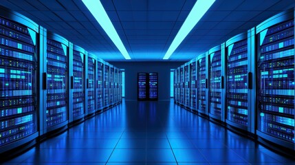A modern data center with rows of illuminated server racks in a high-tech environment.