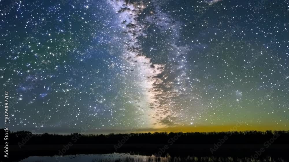 Poster Breathtaking view of the milky way galaxy arching across the night sky, its ethereal glow reflected on the still waters of a lake, creating a scene of awe inspiring beauty and tranquility