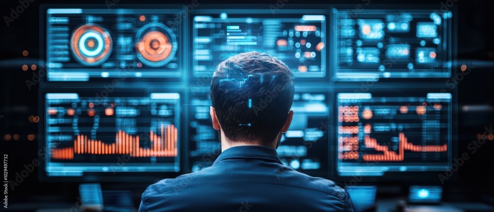 Poster a person analyzing data from multiple screens in a high-tech environment, showcasing advanced analyt