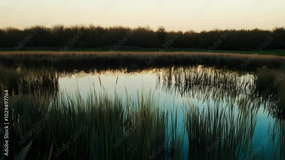 Poster the sun sets, casting golden rays on a calm lake surrounded by lush reeds and a dense forest, creati