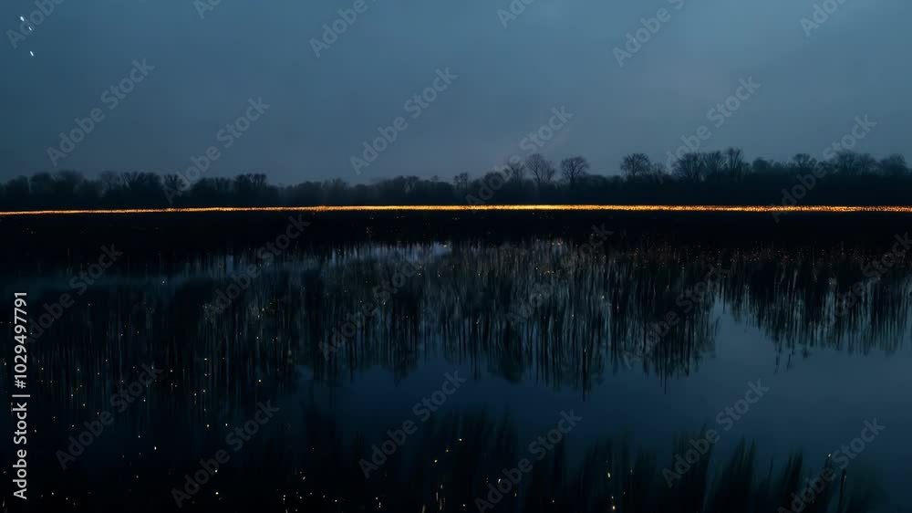 Poster thonds of fireflies are illuminating a lake at twilight, creating a magical and surreal atmosphere. 