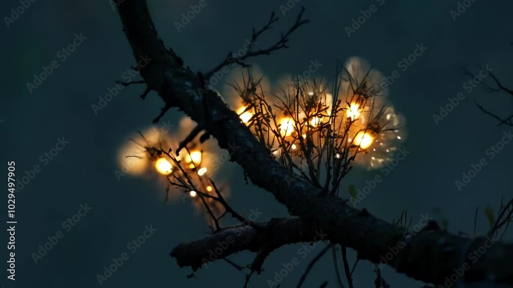 Poster glowing seed pods hang delicately from a tree branch in serene evening light, creating a magical, tr