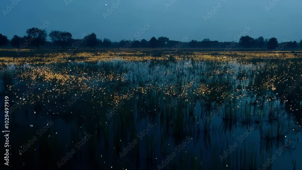 Aufkleber Thonds of fireflies are illuminating a marshland with their bioluminescence as the last light of the setting sun fades in the distance