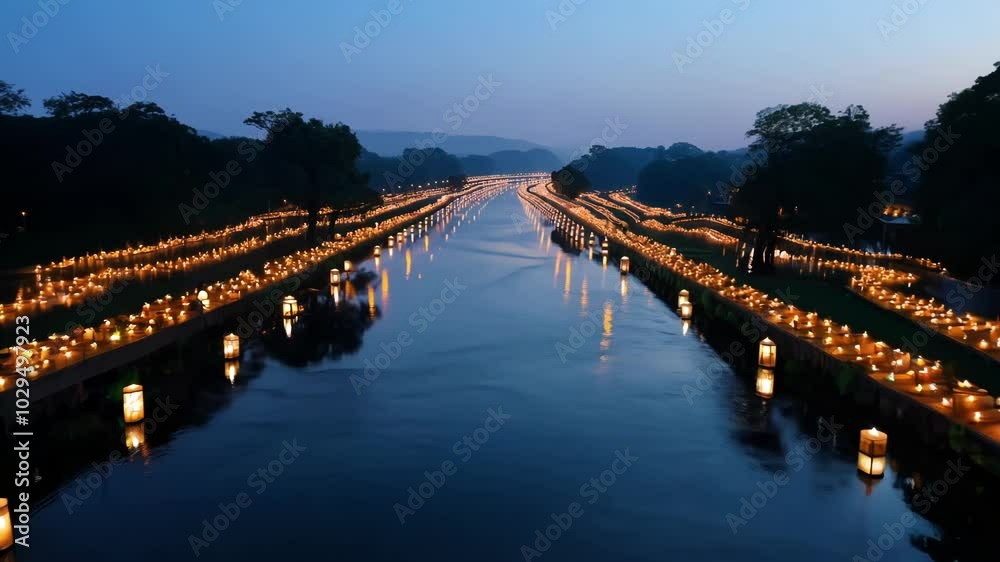 Poster river glows with candlelight at twilight during an n festival, creating a magical and serene atmosph