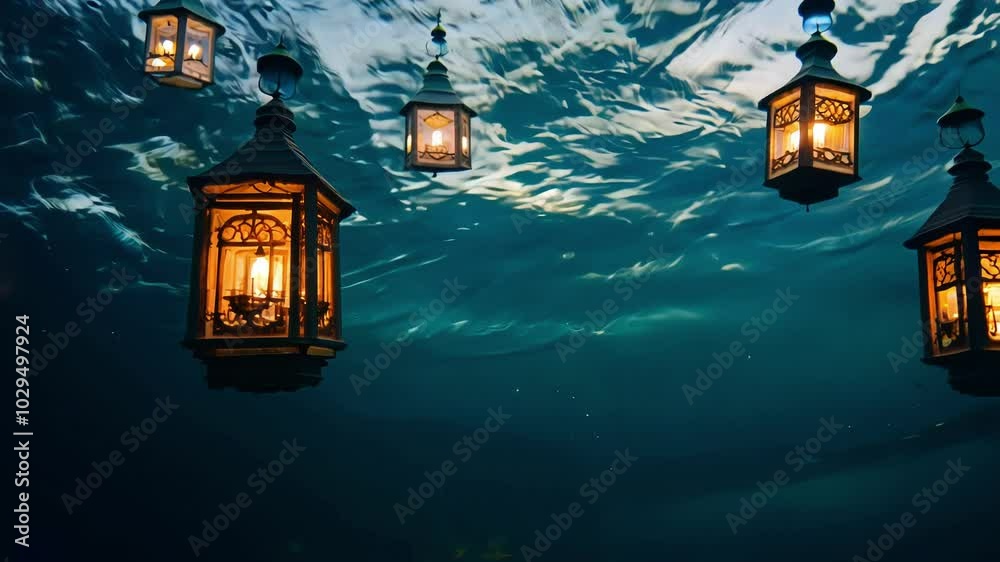 Aufkleber Captivating image of antique lanterns illuminating the depths with a warm glow, creating a mesmerizing underwater spectacle