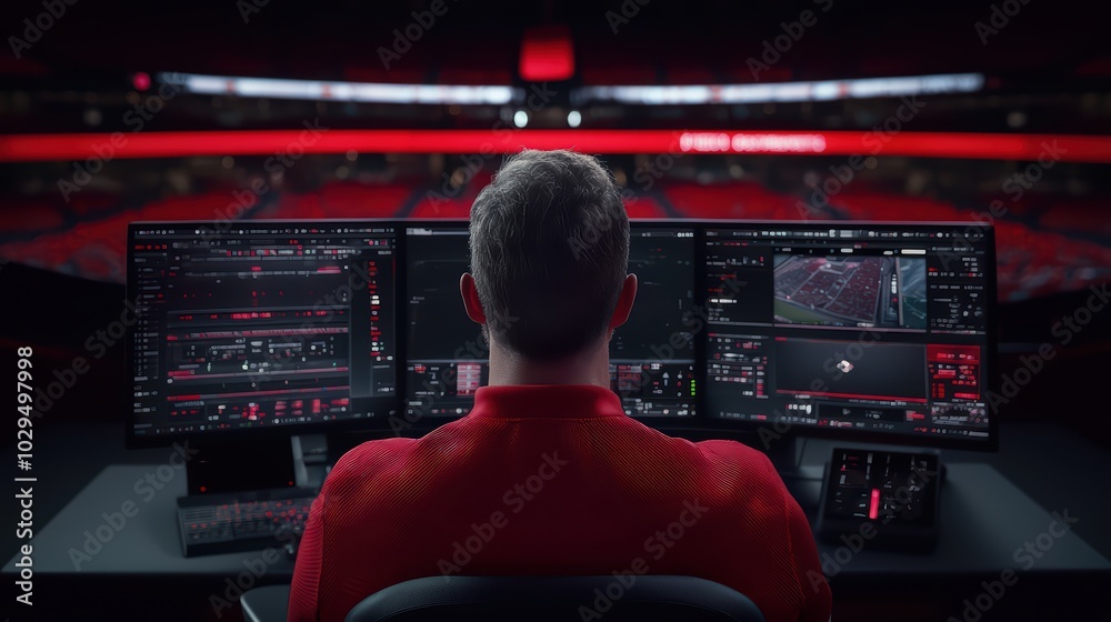 Poster a person monitoring multiple screens in a high-tech environment, focused on data analysis.