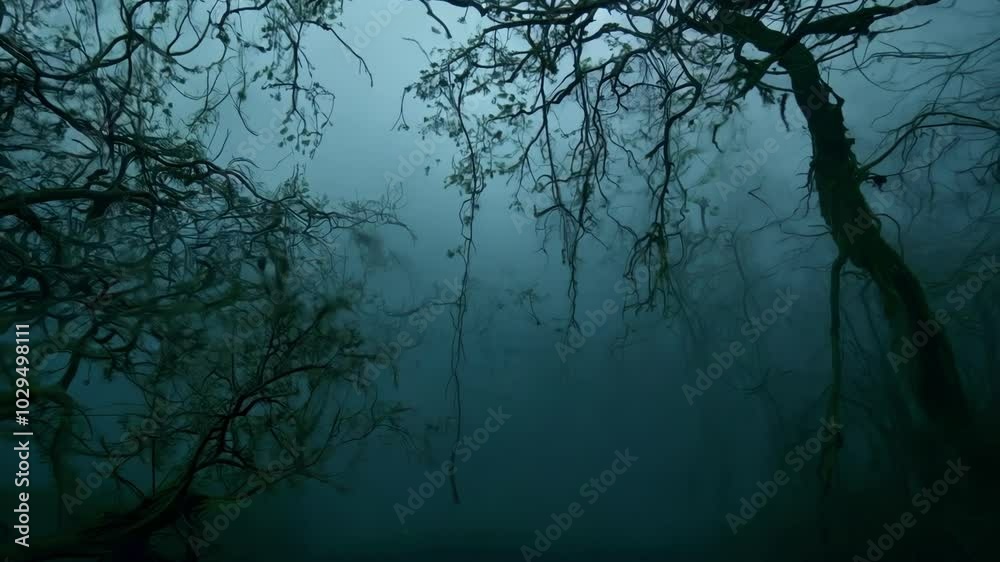 Poster Silhouetted trees with branches reaching up and covered in moss are enveloped in a thick, heavy fog that obscures the forest floor at twilight