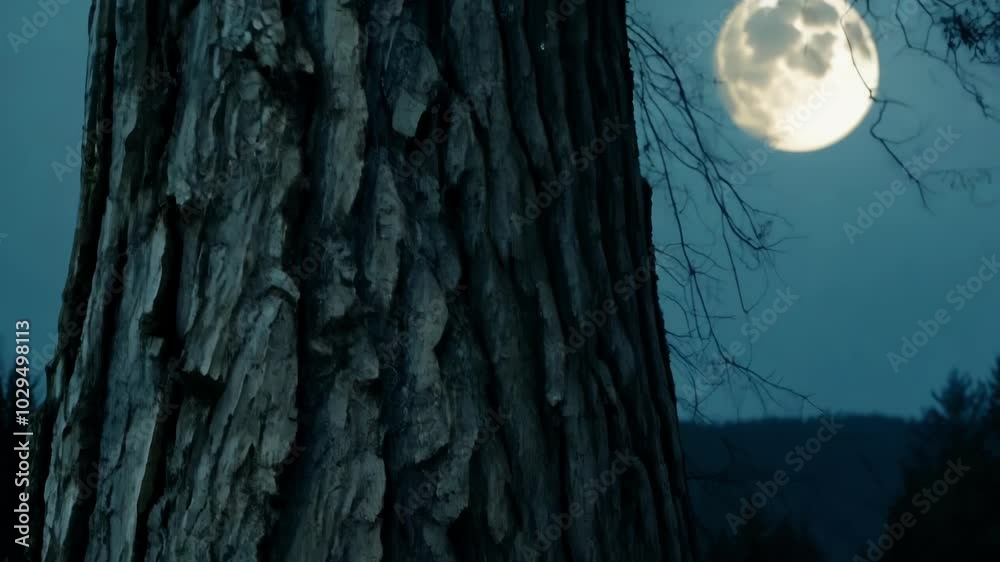 Aufkleber The rough bark of a tree trunk is illuminated by the cool light of a full moon at twilight, creating an eerie and mysterious atmosphere