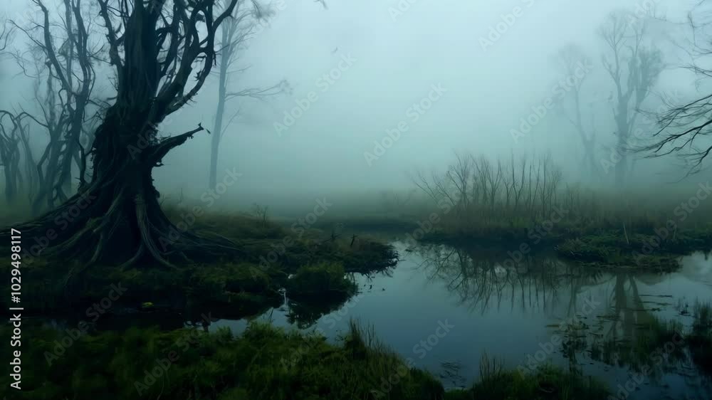 Poster twisted trees emerge from dark waters in a mysterious swamp on a foggy morning, casting eerie reflec
