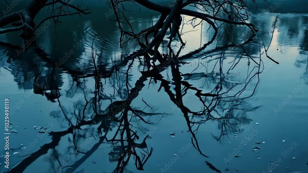 Poster bare branches reflect in dark blue water, creating a mysterious scene for contemplation. serene and 