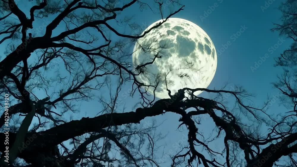 Aufkleber bright full moon is illuminating the dark sky and the twisted branches of a spooky tree, creating an