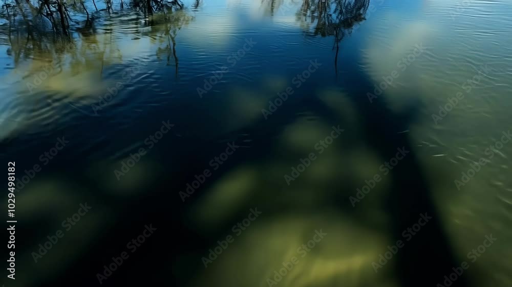 Poster Sunlight reflecting on the surface of a body of water, creating shadows from the surrounding trees. The interplay of light, shadow, and reflection creates a captivating visual
