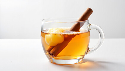 Glass of buttery rum with cinnamon stick on white background