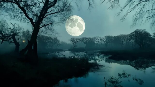 Tall trees in a spooky swamp with fog and full moon reflection, creating a haunted vibe perfect for halloween. Peaceful scene with moonlight through fog, ideal background or scenic view