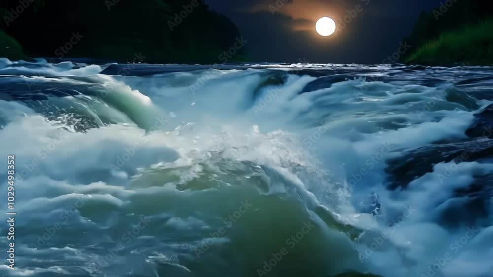 Poster water cascading over rocky waterfall under bright full moon, creating white foam and mist in dark ni