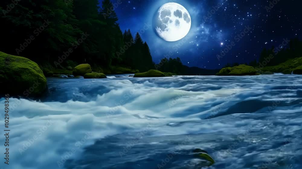 Poster serene mountain river flows through a lush forest under the enchanting light of the full moon, creat