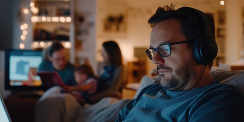 Man wearing headphones and concentrating on work with laptop while family gathering in background