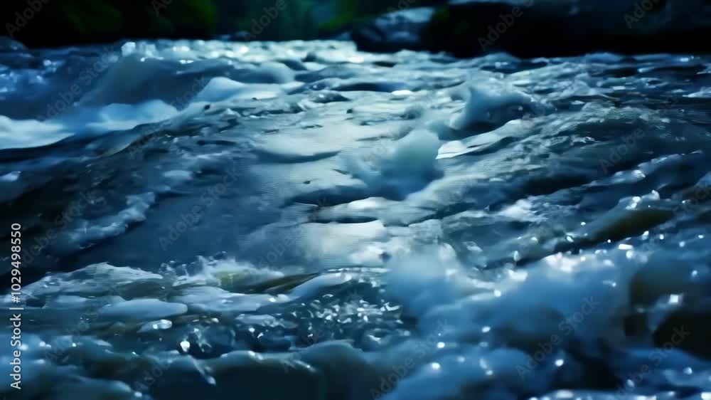 Poster rapid river water flows over rocks, creating white rapids with movement and power. blue waters splas