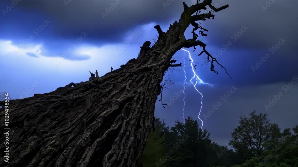 Aufkleber Old tree with most of its roots out of the ground is reaching up towards the sky as a storm gathers in the background