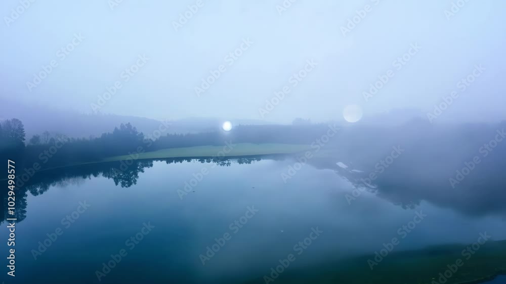 Poster morning mist is rising from a lake surrounded by a forest, creating a serene and peaceful atmosphere