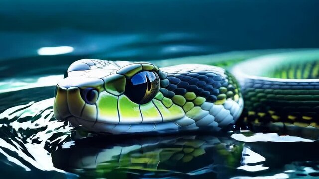 A green snake is laying on the water. The snake is looking at the camera. The water is calm and clear