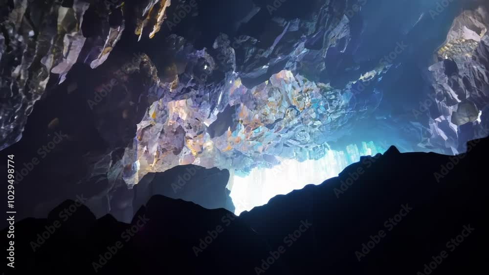 Aufkleber Light shines through a gap in the cave ceiling, illuminating rough rock formations, creating mysterious shadows and stunning contrast
