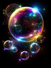 Bubbles of various sizes shimmer and reflect light in vibrant colors as they float through a dark space, creating a magical atmosphere