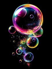 Bubbles of various sizes float upwards against a black backdrop, exhibiting vibrant colors and sparkling light reflections