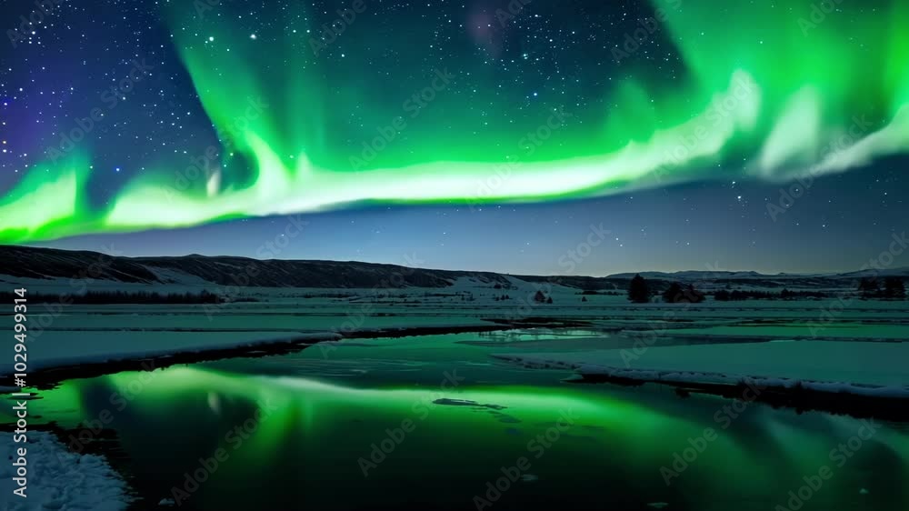 Poster Mesmerizing green aurora borealis dances across the night sky. Casting a magical glow over a serene snowy landscape with a reflective river