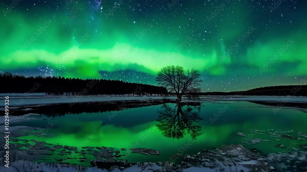 Poster the night sky is glowing with colorful aurora borealis over a frozen lake in a winter wilderness. re